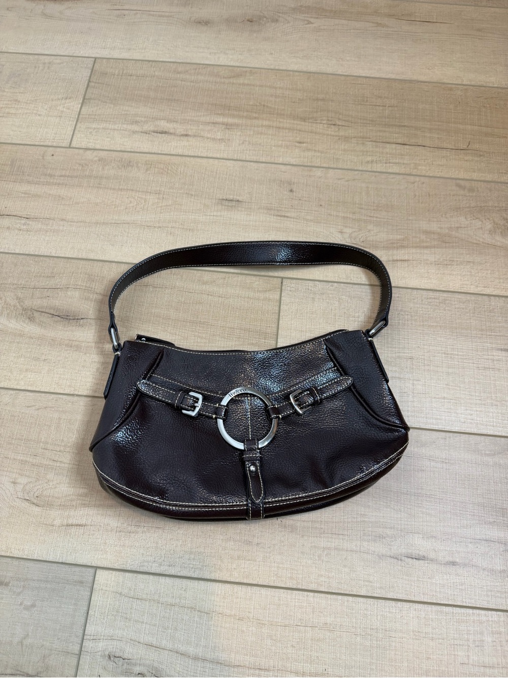 VTG Y2K Liz & Co Brown Patent Shoulder Bag Buckle Ring Hobo Purse Everyday Vegan